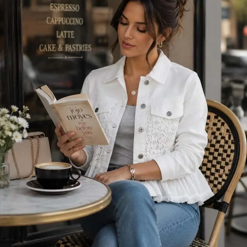 Baccini White Denim Western Jacket with Lace and Ruffle Detail